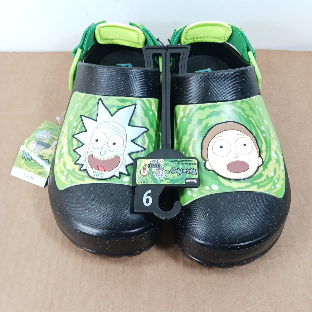 Ground Up Rick and Morty Mens Size 6 Clogs Black Green Portal Adult Swim New